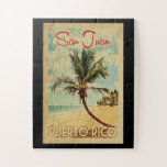 San Juan Palm Tree Vintage Travel Jigsaw Puzzle<br><div class="desc">A uniquely retro mid-century modern San Juan Puerto Rico art print in vintage travel poster style. It features a curved palm tree on sandy beach with ocean under a blue cloudy sky.</div>
