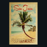 San Juan Palm Tree Vintage Travel Poster<br><div class="desc">A uniquely retro mid-century modern San Juan Puerto Rico art print in vintage travel poster style. It features a curved palm tree on sandy beach with ocean under a blue cloudy sky.</div>