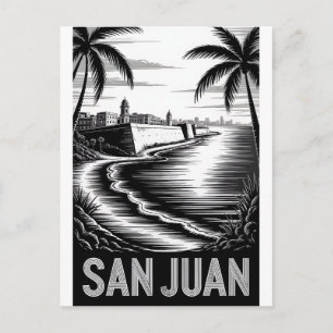 San Juan Puerto Rico Black White Woodcut Postcard