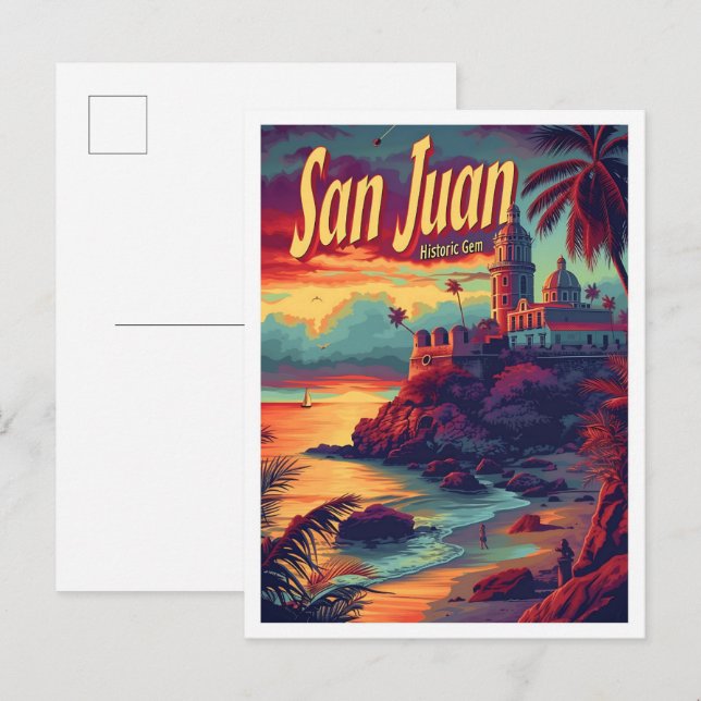 San Juan Puerto Rico Vintage Travel Illustration Postcard (Front/Back)