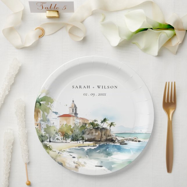 San Juan Puerto Rico Watercolor Landscape Wedding Paper Plates (Wedding)