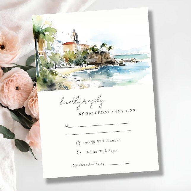 San Juan Puerto Rico Watercolor Landscape Wedding RSVP Card (Creator Uploaded)