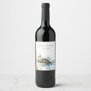 San Juan Puerto Rico Watercolor Landscape Wedding Wine Label
