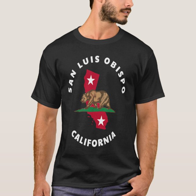 San Luis Obispo California CA Flag and Bear Badge  T-Shirt (Front)