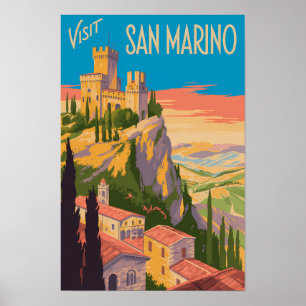 San Marino Castle Illustration Travel Art Vintage Poster