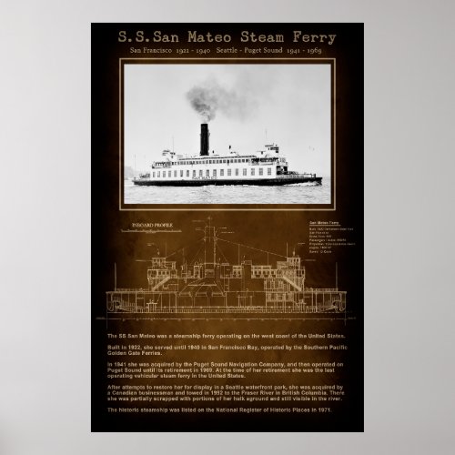 San Mateo Seattle  San Francisco Steam Ferry Poster