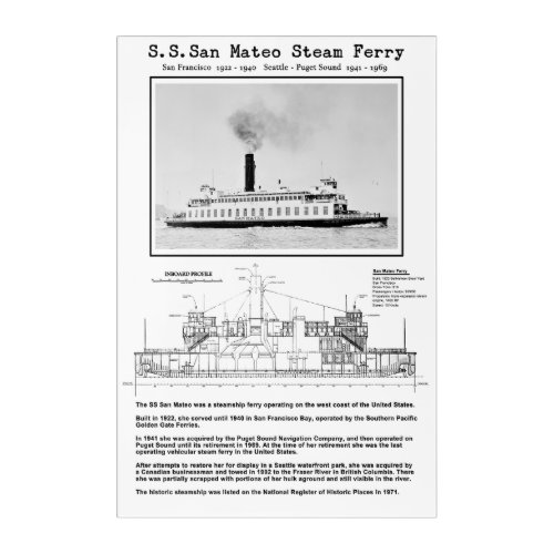 SAN MATEO Steam Ferry _ 1922 _ 1969 Acrylic Print