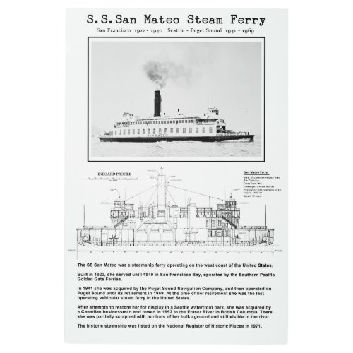 SAN MATEO Steam Ferry _ 1922 _ 1969 Metal Print