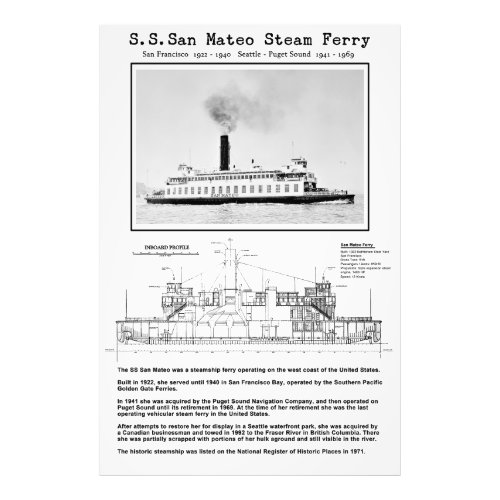 SAN MATEO Steam Ferry _ 1922 _ 1969 Photo Print