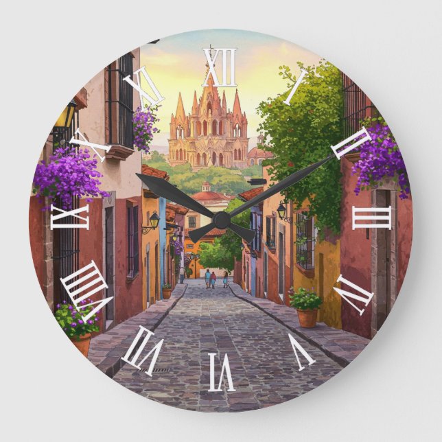 San Miguel de Allende Mexico Travel Watercolor Large Clock (Front)