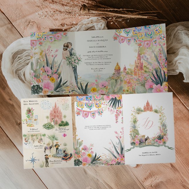 San Miguel de Allende Watercolor Wedding Tri-Fold Invitation (Creator Uploaded)