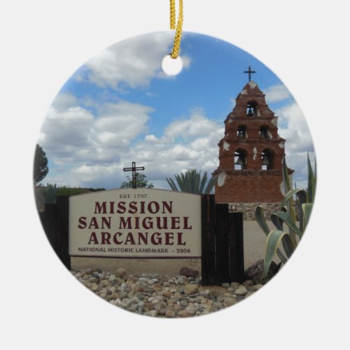 San Miguel Mission Bell Tower and Sign Ceramic Ornament