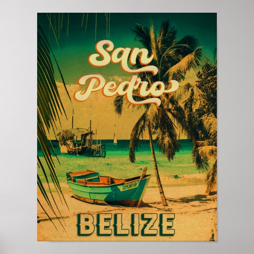 San Pedro Belize Vintage Palm Trees Souvenirs Poster