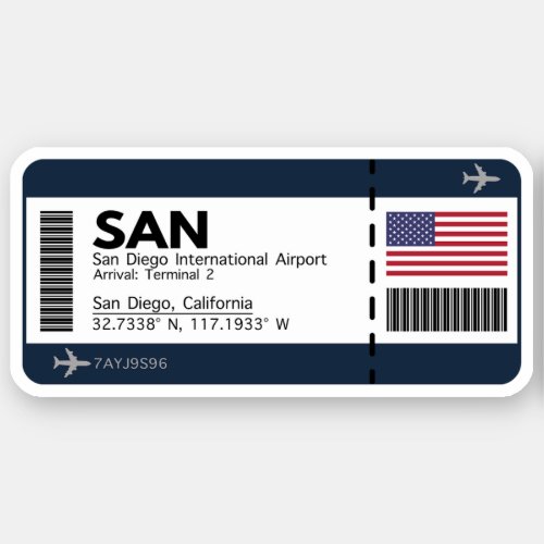 SAN San Diego Boarding Pass _ California Ticket Sticker