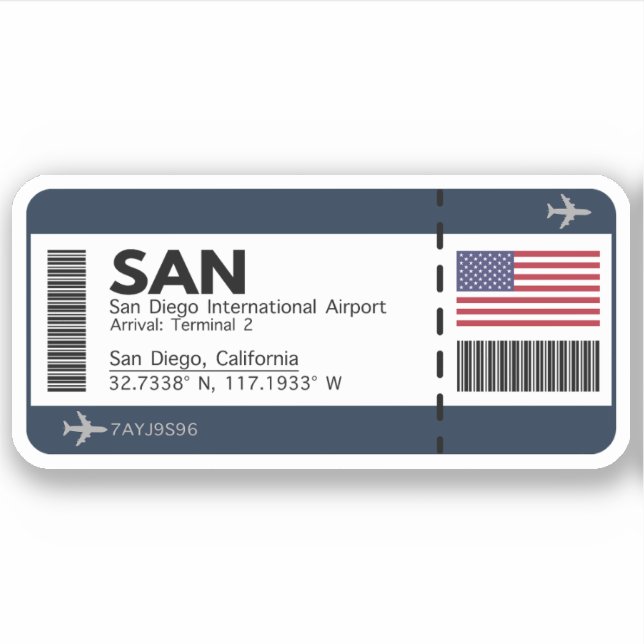 SAN San Diego Boarding Pass - California Ticket Sticker (Front)
