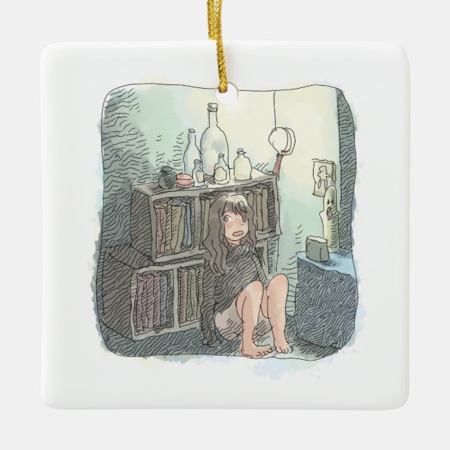Sanaya Niji: Illustration of a barefoot woman sitt Ceramic Ornament (Front)