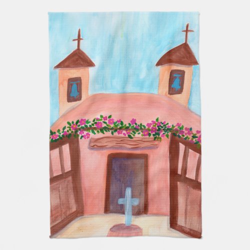 Sanctuario de Chimayo Church Watercolor New Mexico Kitchen Towel