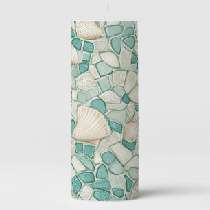 Sand and Aqua Watercolor Stones And Shells Pillar Candle