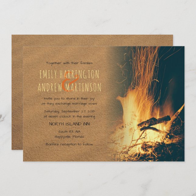 Sand and Fire Bonfire Beach Wedding Invitations (Front/Back)