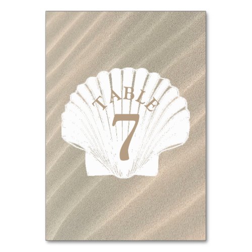 Sand and Seashell tan Wedding Table Number Card