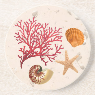 Sand and seashells round sandstone coaster