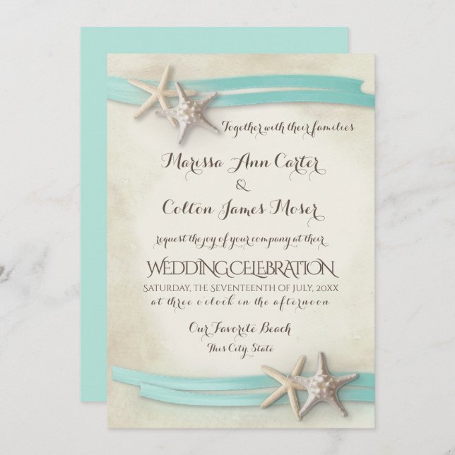Sand and Starfish Aqua Ribbon Invitation (Front/Back)