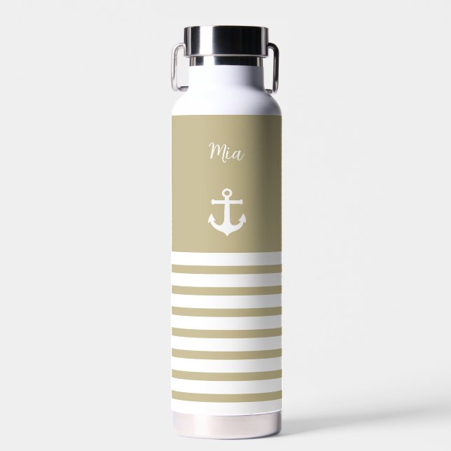 Sand and White Stripes Nautical Personalized   Water Bottle (Front)