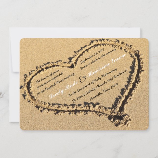 Sand Beach Heart Cross Catholic Wedding Invitation (Front)