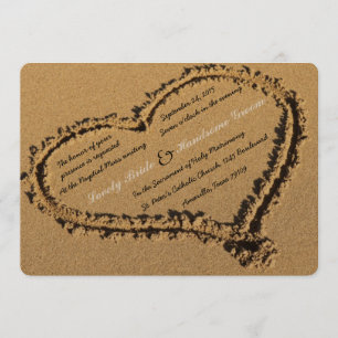 Sand Beach Heart Cross Catholic Wedding Invitation