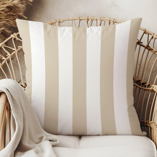 Sand Beige and White Awning Stripes Outdoor Pillow