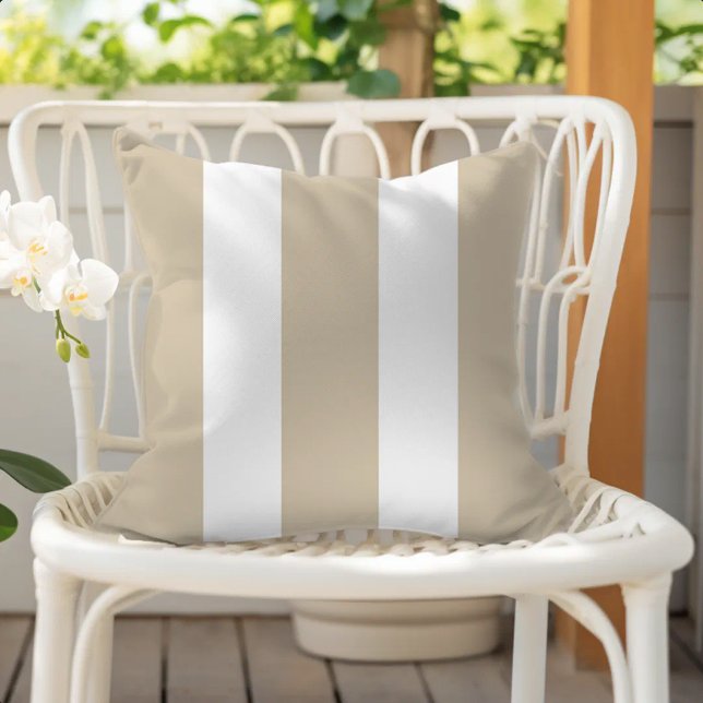Sand Beige and White Cabana Stripes Outdoor Pillow (Creator Uploaded)