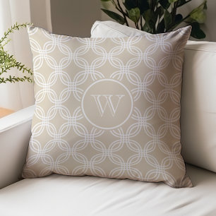 Sand Beige Circle Trellis Pattern Monogram Throw Pillow