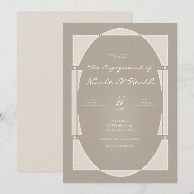 Sand Beige Embellished Pearls Engagement Party Invitation (Front/Back)