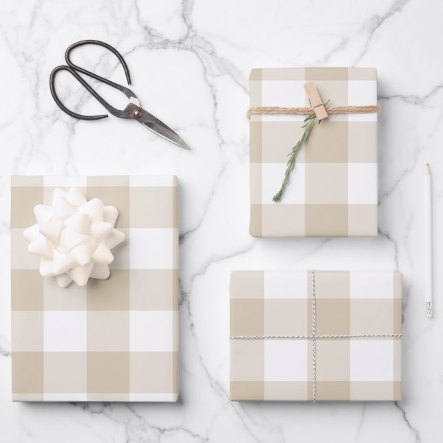 Sand Beige Gingham Check Plaid Neutral Farmhouse Wrapping Paper Sheets (Front)