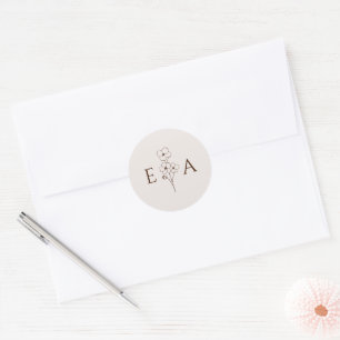 Sand Beige Hand Drawn Floral Monogram Wedding Classic Round Sticker