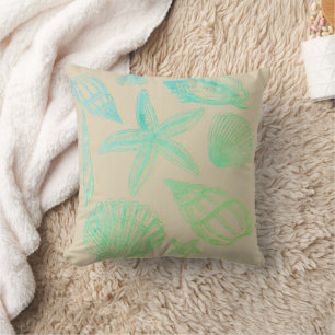 Sand Beige Seashell Ombre Aqua Coastal Beach House Throw Pillow