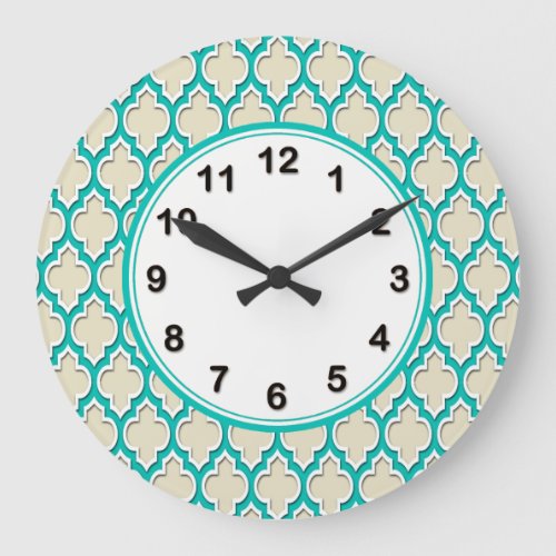 Sand Beige Teal White Moroccan Quatrefoil 4DS Large Clock