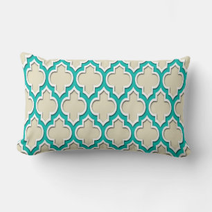 Sand Beige Teal White Moroccan Quatrefoil #4DS Lumbar Pillow