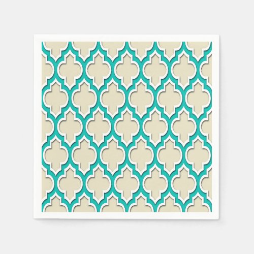 Sand Beige Teal White Moroccan Quatrefoil 4DS Paper Napkins