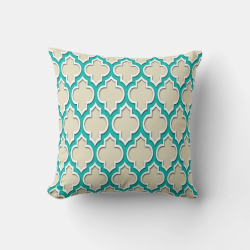 Sand Beige Teal White Moroccan Quatrefoil 4DS Throw Pillow