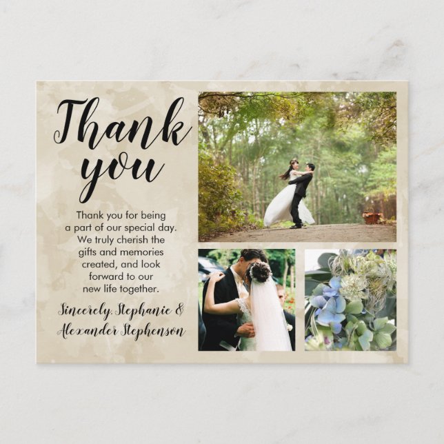 Sand Beige Watercolor Wedding Thank You 3 Photo Postcard (Front)