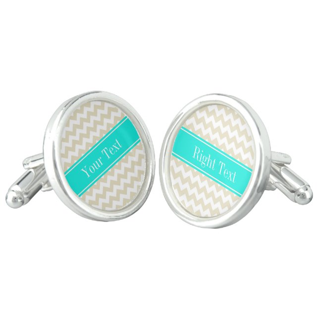 Sand Beige White Chevron Bright Aqua Name Monogram Cufflinks (Angled)