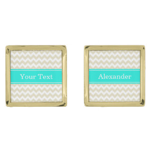 Sand Beige White Chevron Bright Aqua Name Monogram Gold Cufflinks