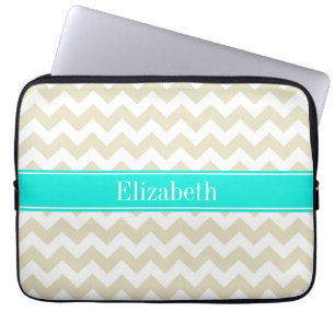 Sand Beige White Chevron Bright Aqua Name Monogram Laptop Sleeve