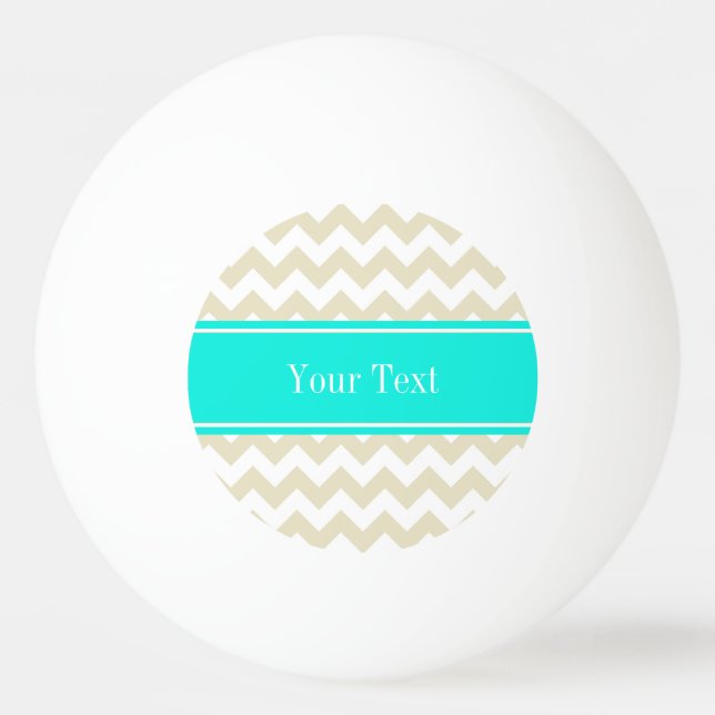 Sand Beige White Chevron Bright Aqua Name Monogram Ping-Pong Ball (Front)
