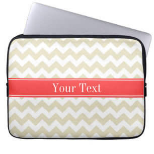 Sand Beige White Chevron Coral Red Name Monogram Laptop Sleeve