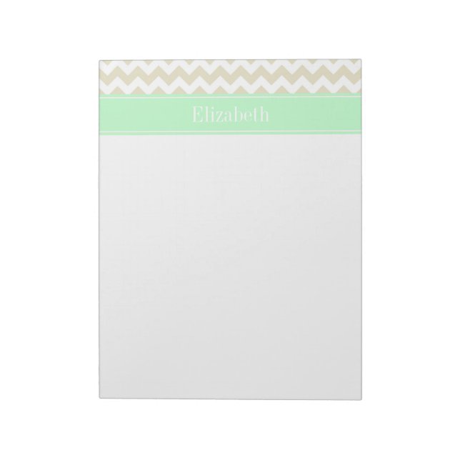 Sand Beige White Chevron Mint Name Monogram Notepad (Rotated)
