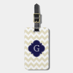 Sand Beige White Chevron Navy Quatrefoil Monogram Luggage Tag