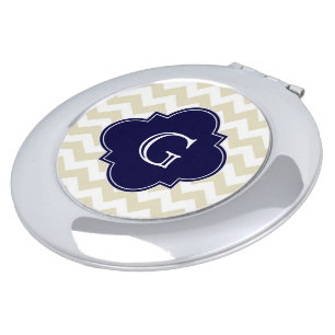 Sand Beige White Chevron Navy Quatrefoil Monogram Mirror For Makeup
