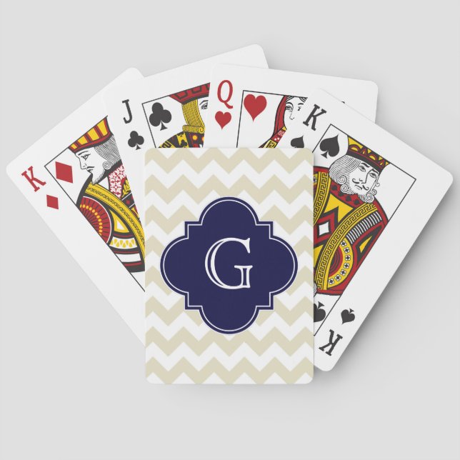 Sand Beige White Chevron Navy Quatrefoil Monogram Poker Cards (Back)